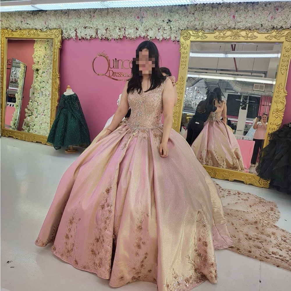 Custom Made Pink & Gold Prom Gown | Heavy Couture Dress  Size M -Juniors